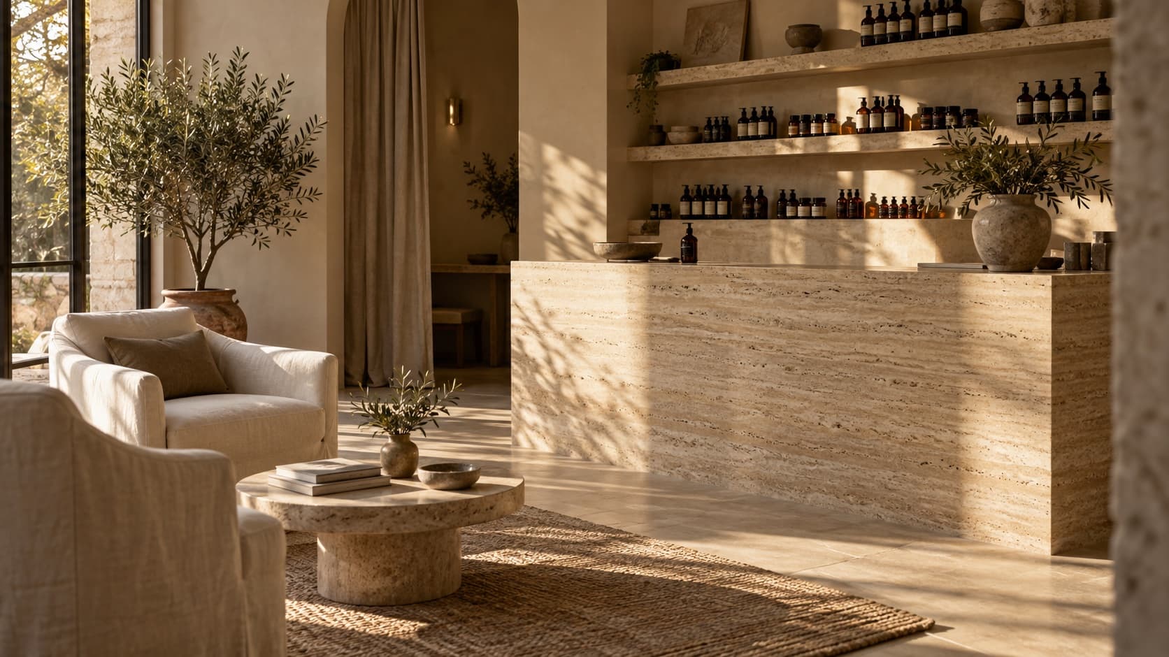 A calm beauty studio reception with a travertine counter and linen armchairs